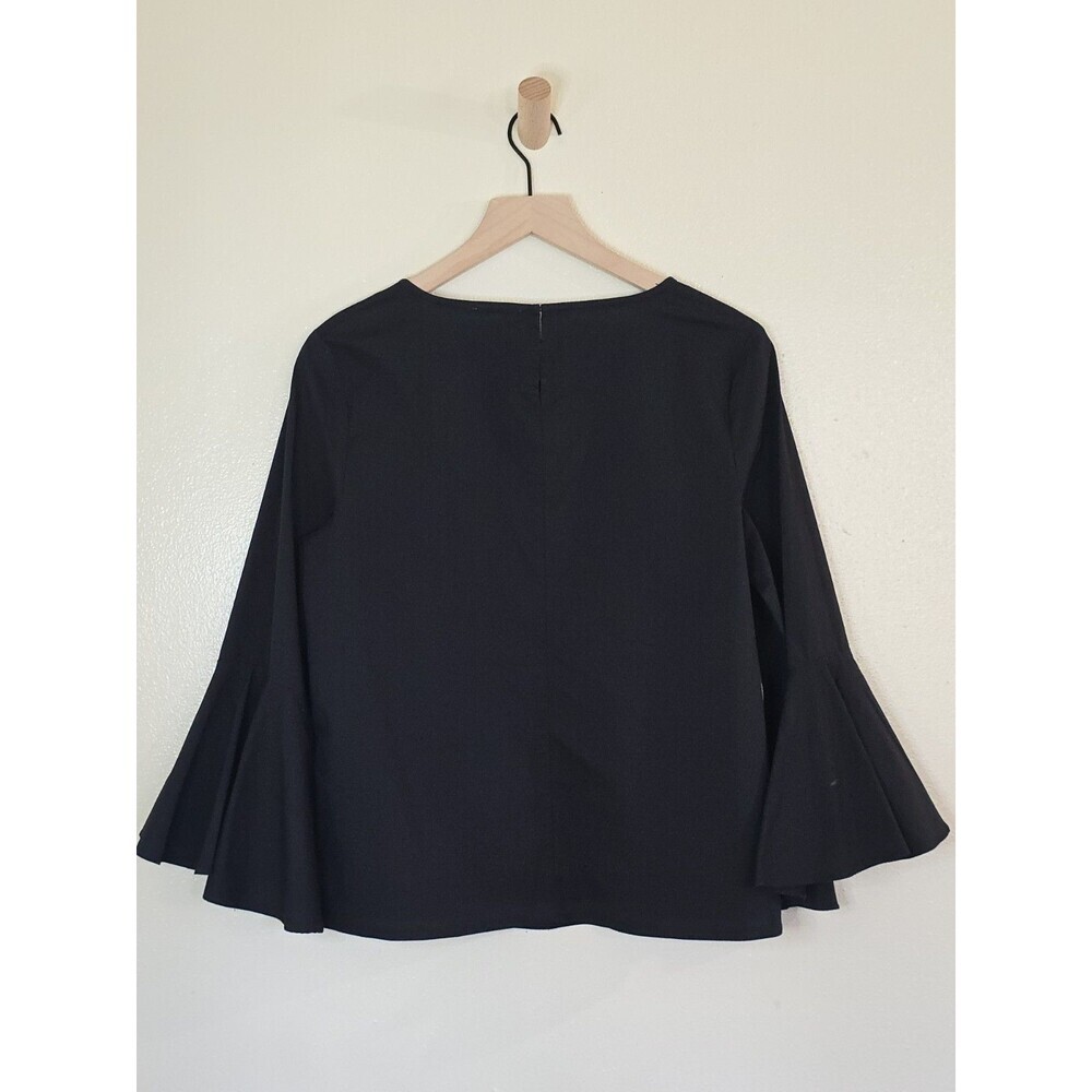 HALSTON Black Bell Sleeve Blouse Top Women Medium Flare Sleeve Stretch - Picture 6 of 8